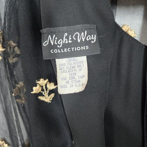 VTG Night Way Midi Dress Sz 6 Black Mesh Chiffon Handkerchief Hem Embroidered - Picture 9 of 15